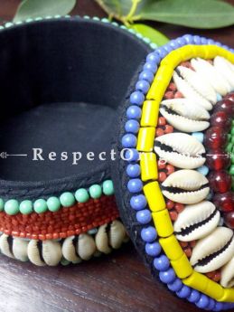 Yellow, blue and red Jewellery Box With Beads and Sea Shells; Ladakhi Beaded Container; RespectOrigins.com