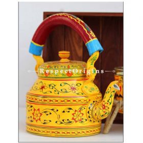 Yellow Handpainted Aluminium kettle set with Wooden tray; RespectOrigins.com