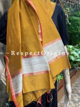 Handloom Yellow Maheshwari Cotton silk stole with golden Jute work and red border 50X35 inches; RespectOrigins