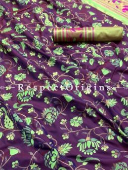 Kanchipuram Pure Silk Saree in Purple, Full body weaving with Contrast Running Blouse; RespectOrigins.com